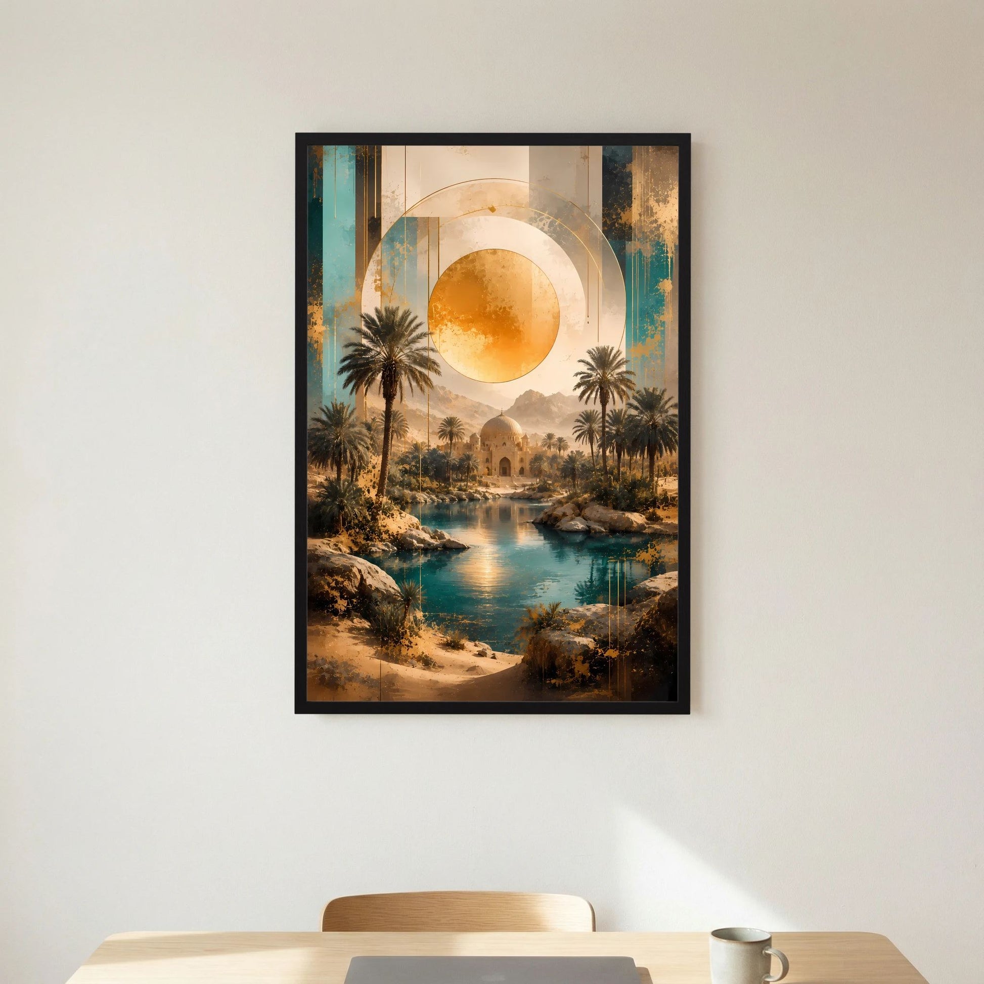 Hochformat-Poster mit türkisblauem Fluss, Palmen und goldener Sonne, schwarz gerahmt