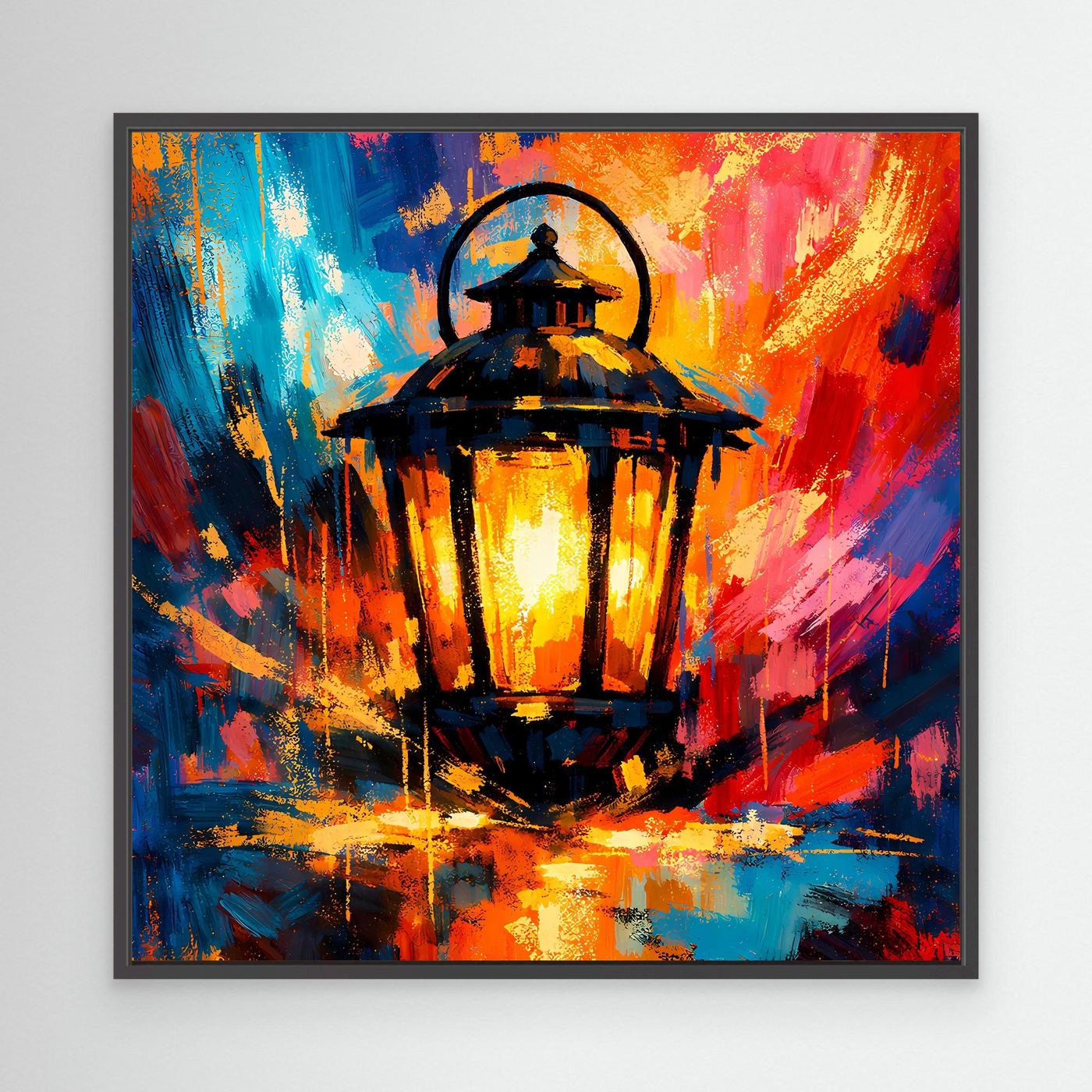 Gerahmtes Leinwandbild mit Laterne, abstrakte Farben in Blau, Rot und Orange