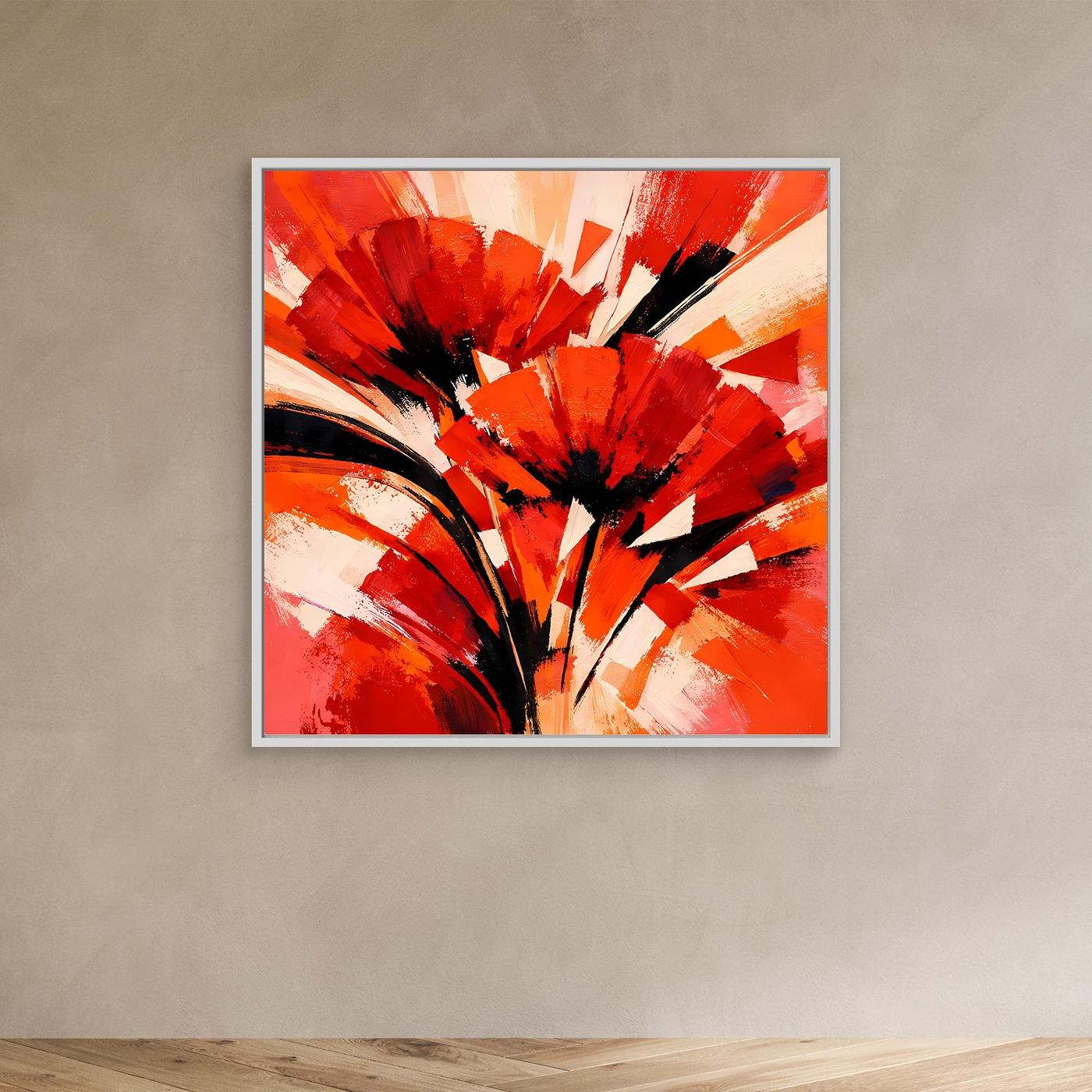 Abstraktes Leinwandbild mit geometrischen Mohnblüten in Rot und Orange, im weißen Rahmen