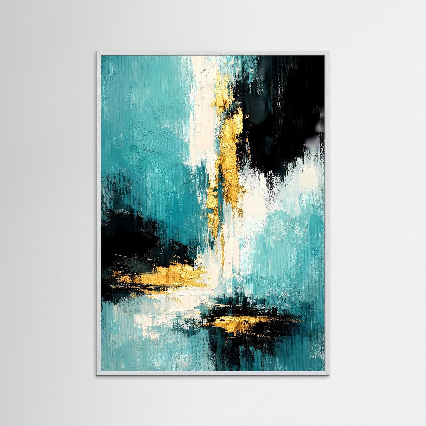 Abstraktes Acrylposter im Hochformat mit weißem Holzrahmen; türkis, dunkel und goldene Akzente.