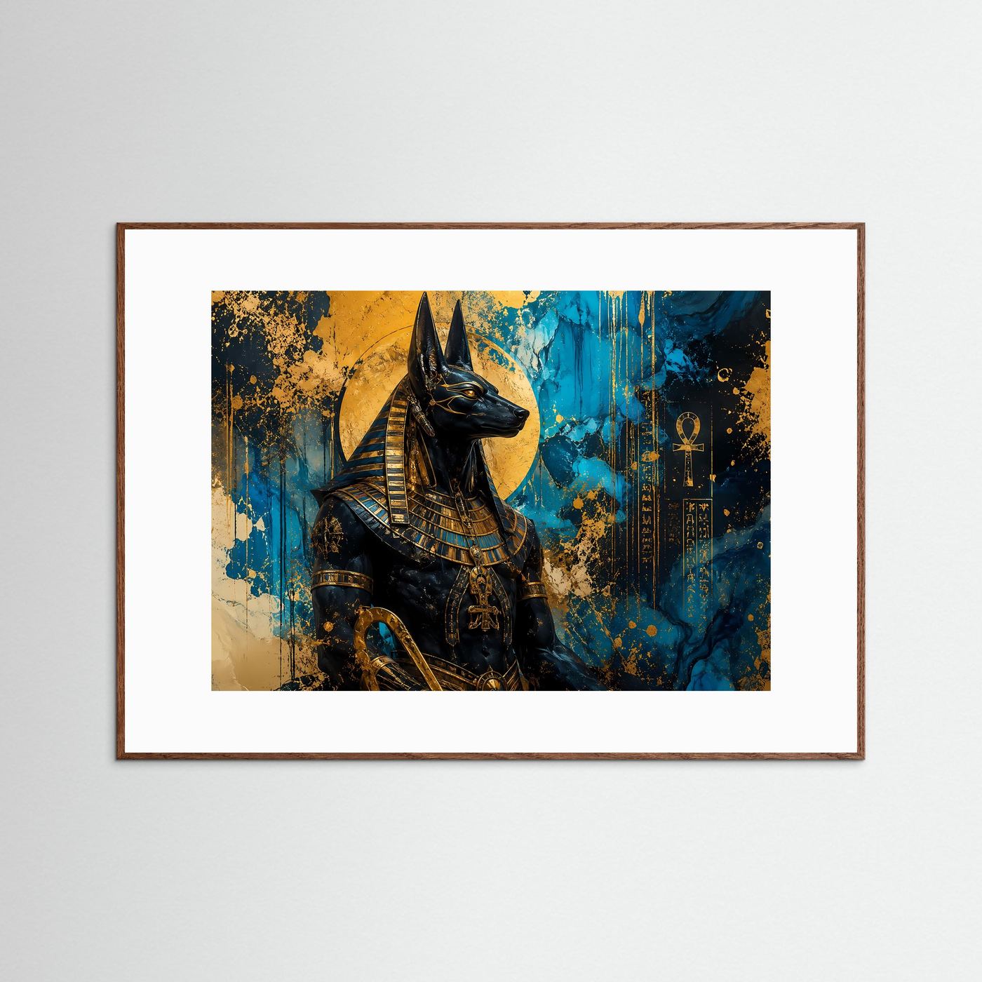 Ägyptischer Gott Anubis in Gold & Tiefblau | Modernes Mythologie Wandbild & Kunst-Poster