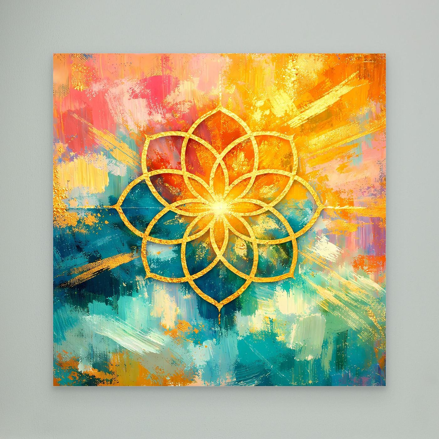 Quadratisches Leinwandbild ohne sichtbaren Rahmen: goldenes Blume-des-Lebens-Mandala, bunt