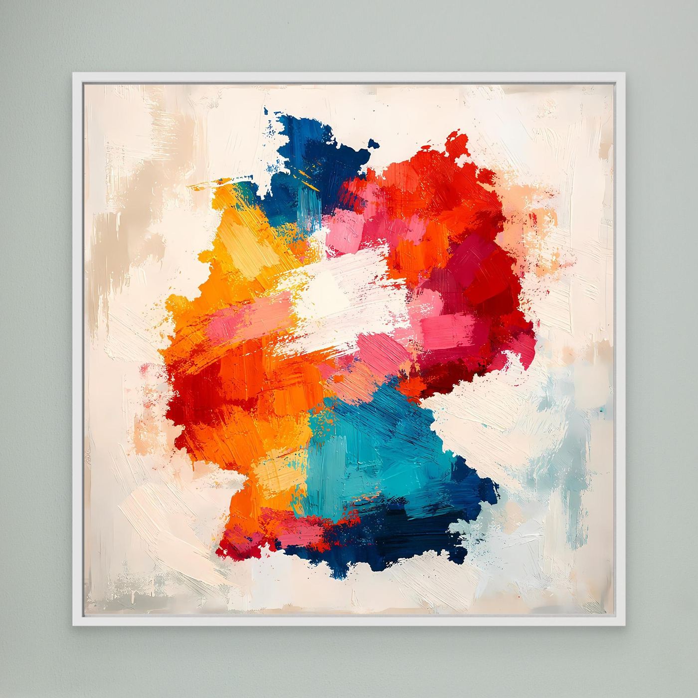 Framed abstract canvas wall art with colorful map silhouette, white frame