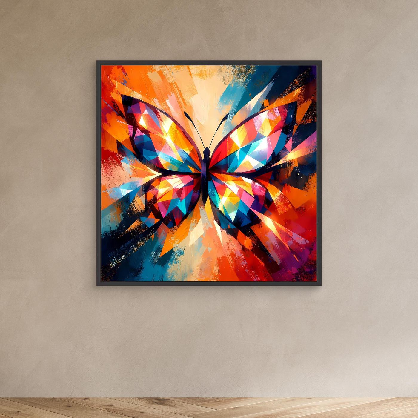 Leinwand-Wandbild: farbenfroher Schmetterling mit geometrischem Muster, schwarzer Rahmen