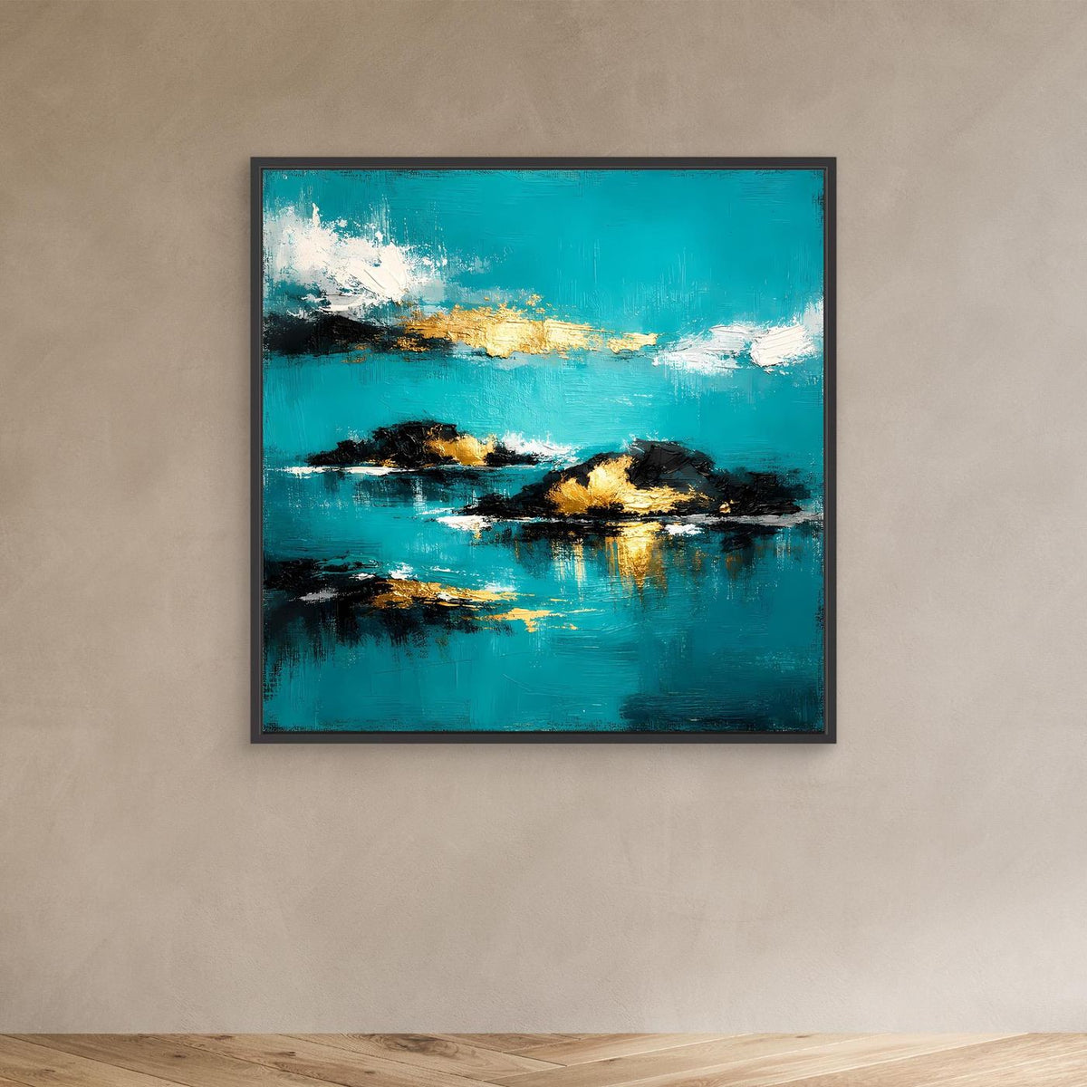 Quadratisches abstraktes Wandbild mit türkisfarbenem Meer, goldenen Inseln und weißen Akzenten.