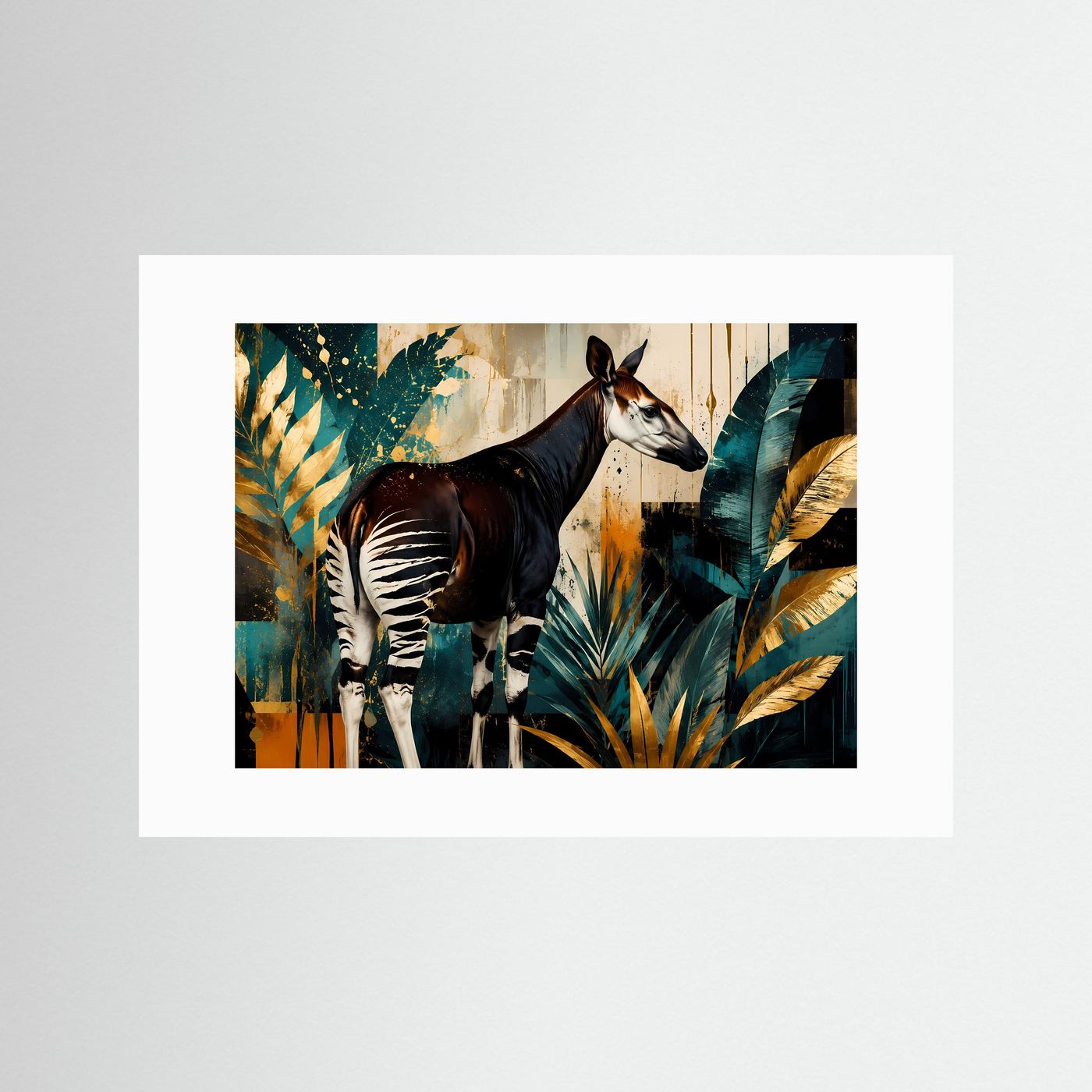 Anmutige Okapi im Dschungel-Farbspiel | Modernes Wildlife- & Dschungel-Poster Querformat