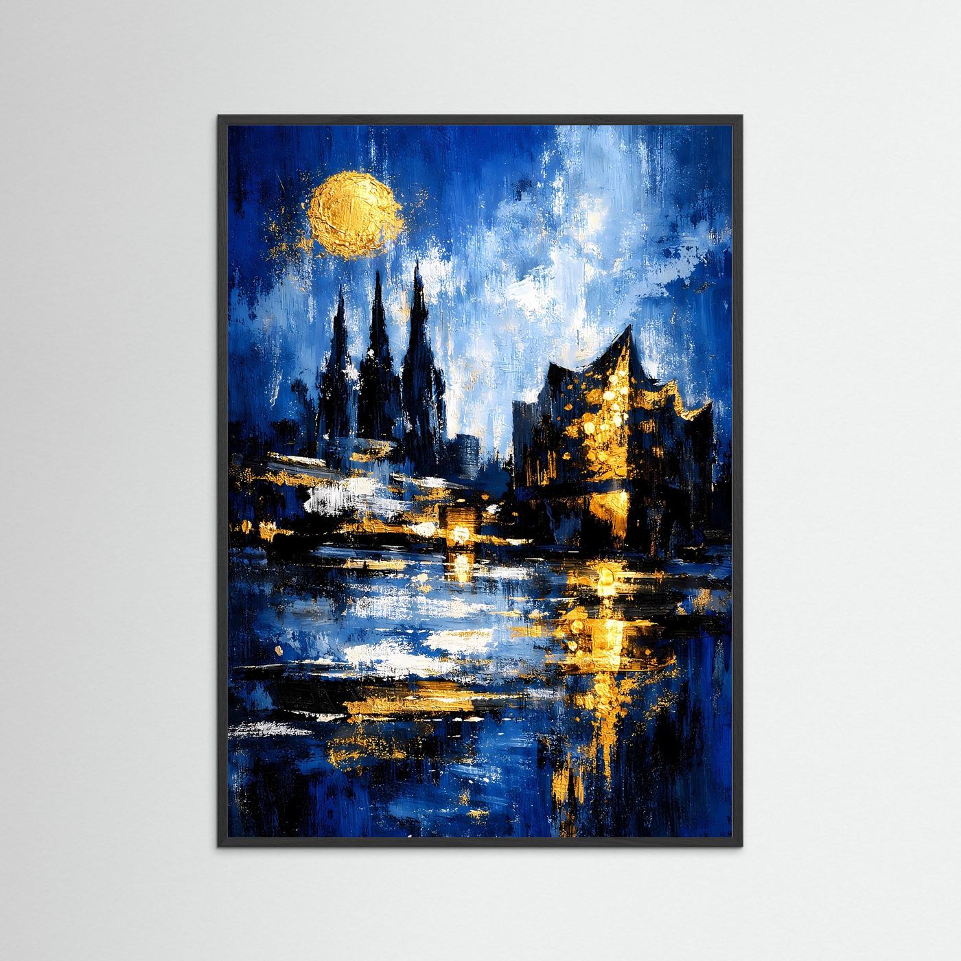 Gerahmtes abstraktes Städteposter mit Hafen-Skyline, gelben Lichtern und blauem Nachthimmel.