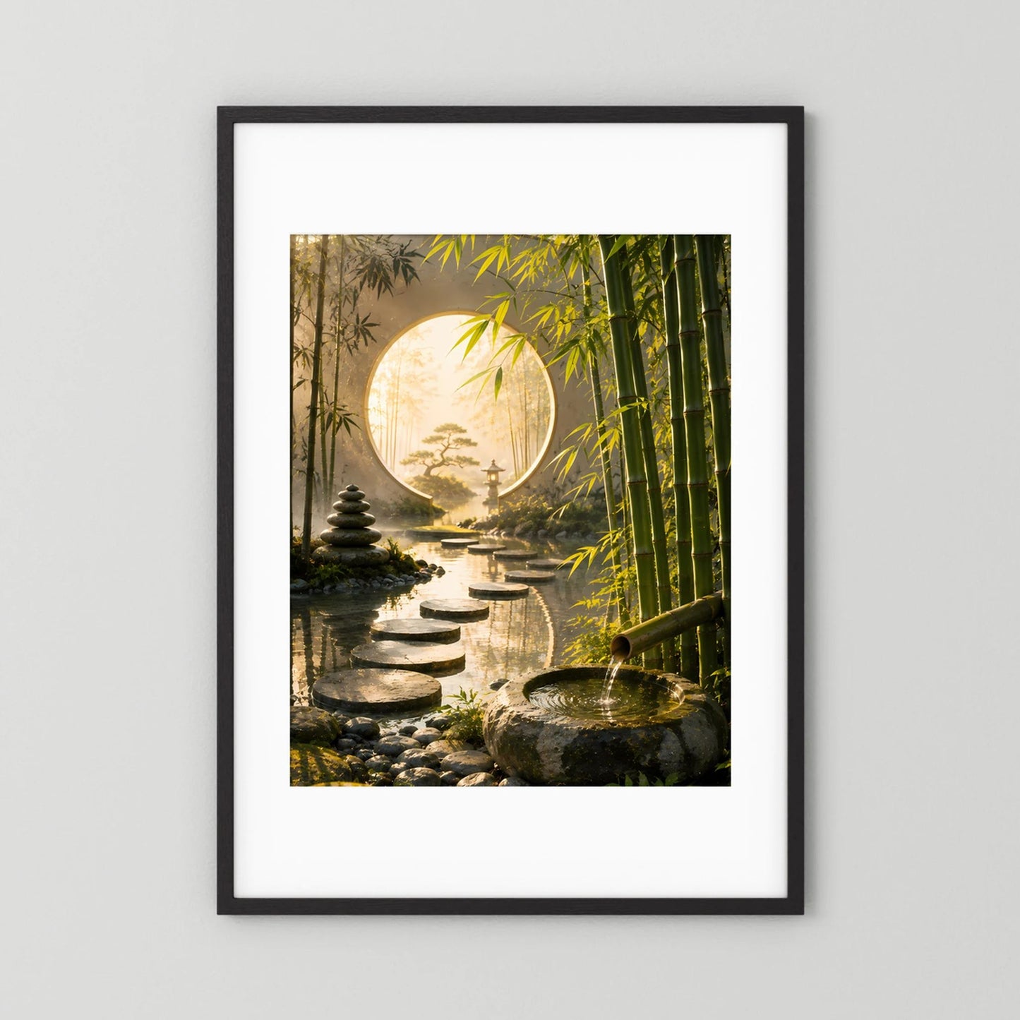 Hochformat-Poster Zen-Garten: Bambus, Trittsteine und rundes Mondtor, schwarzer Rahmen