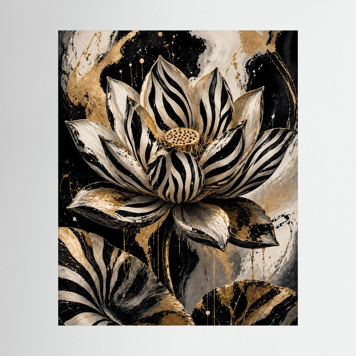 Abstraktes Lotusblüten-Poster mit gestreifter Blume in Schwarz und Gold, Hochformat