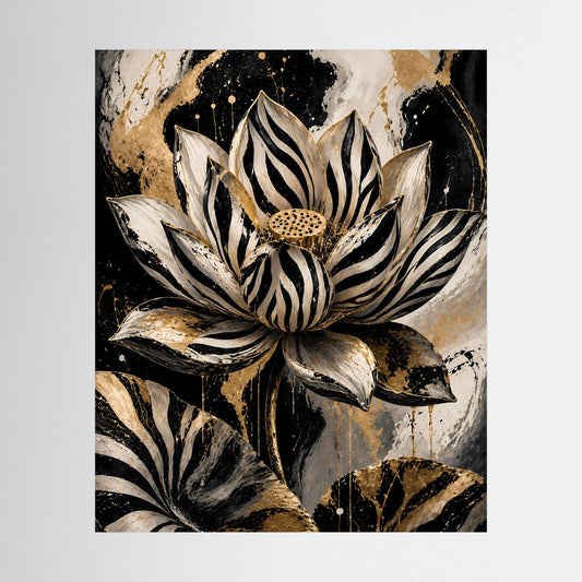 Abstraktes Lotusblüten-Poster mit gestreifter Blume in Schwarz und Gold, Hochformat