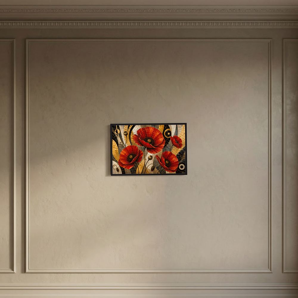Kleines Poster an der Wand: Mohnblumen im Mosaikstil, rot, schwarz und gold, schwarz gerahmt