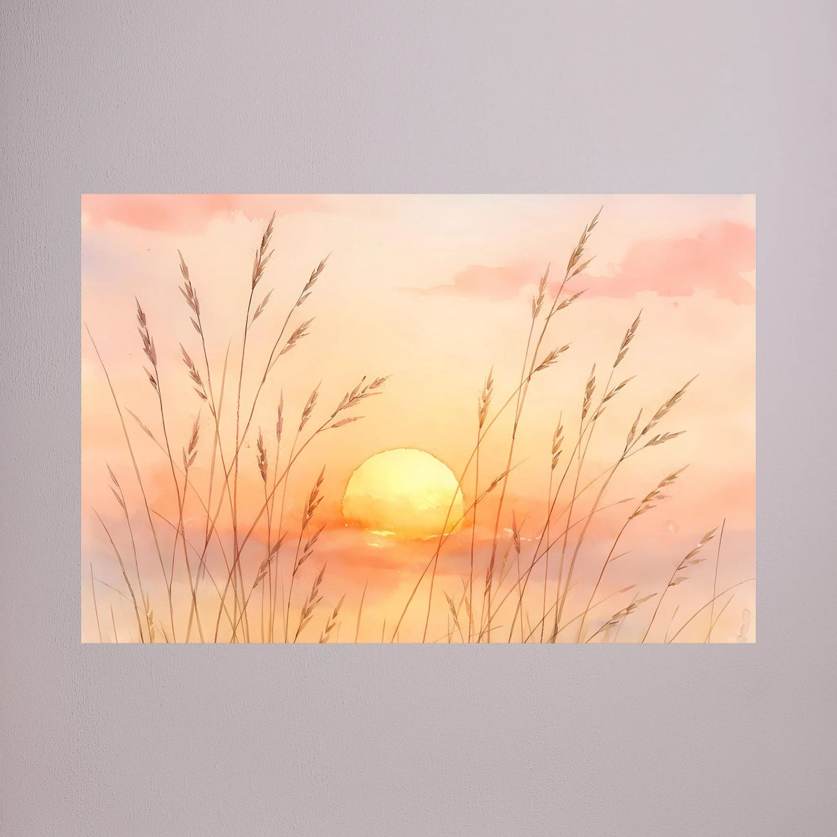 Querformatiger Sonnenuntergang im Aquarellstil mit goldener Sonne und Gräsern