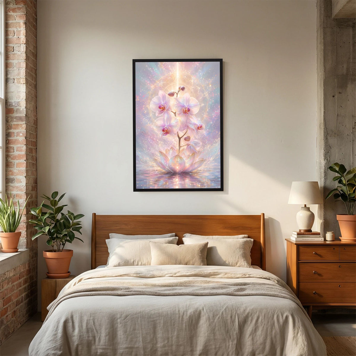Hochformat-Poster mit Orchideen- und Lotusblüten in Pastell, Gold-Glanz, schwarzer Rahmen