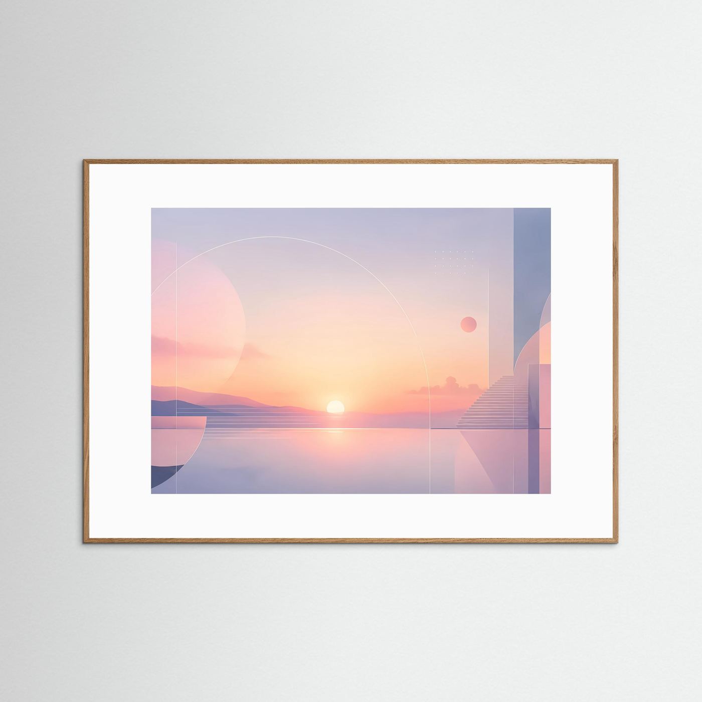 Querformat-Poster mit abstrakter Sonnenlandschaft in Rosa und Blau, brauner Rahmen