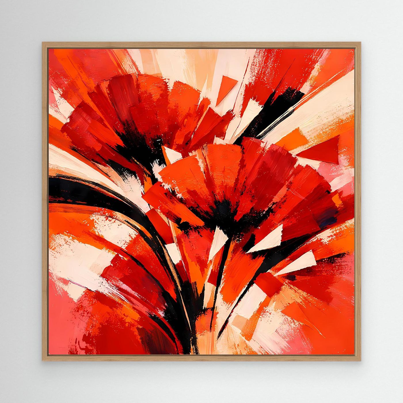 Abstraktes Leinwandbild mit Mohnblüten in Rot/Orange, in hellem Holzrahmen