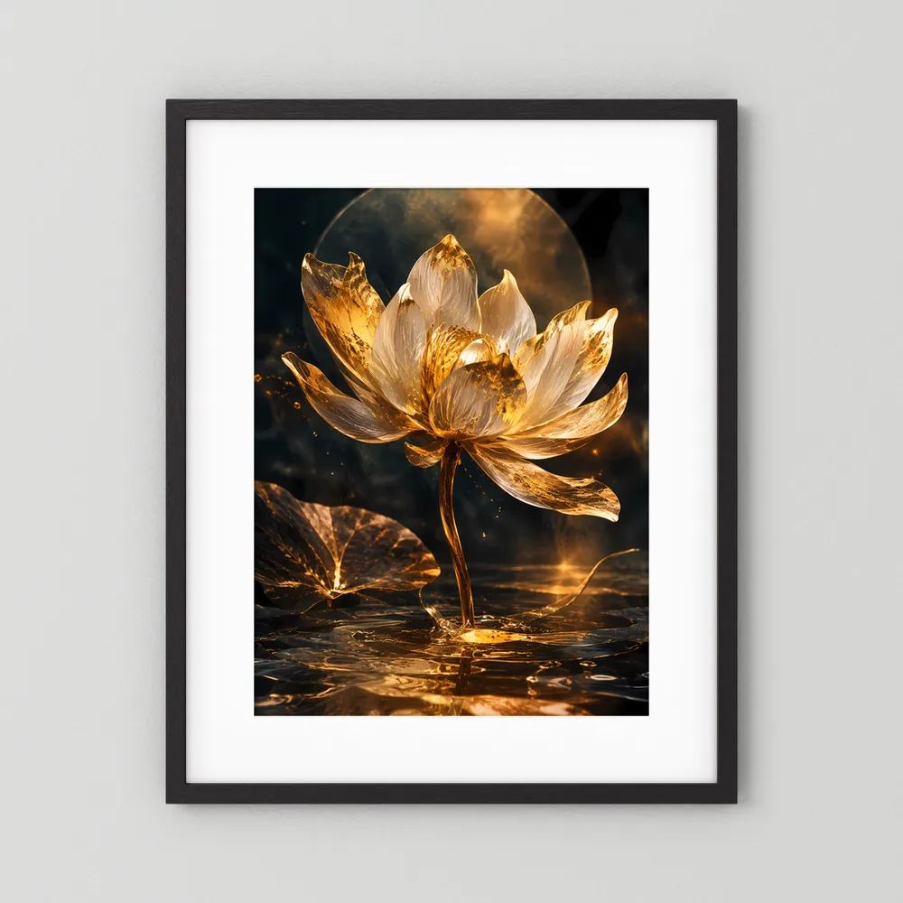 Gerahmtes Poster im Hochformat mit goldener Lotusblüte, weißer Rand und schwarzem Rahmen.