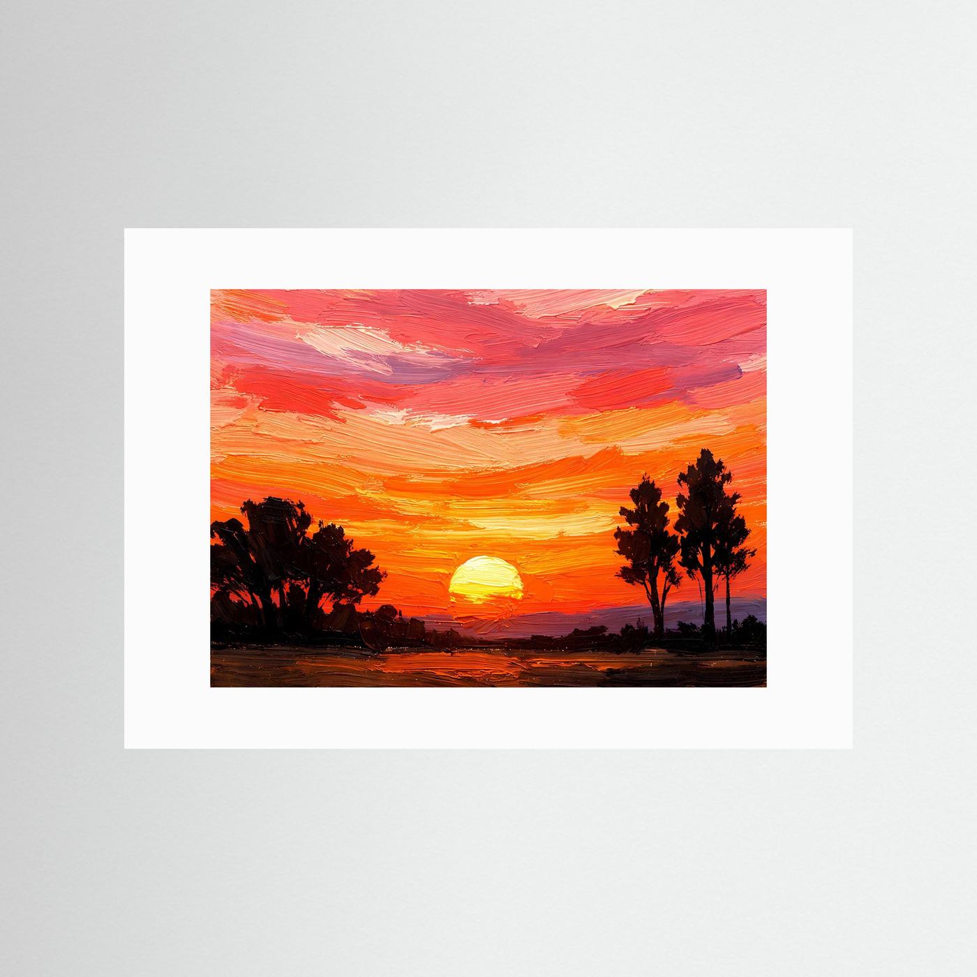 Kunstdruck-Poster mit Sonnenuntergang am Horizont, umrahmt von weißem Passepartout