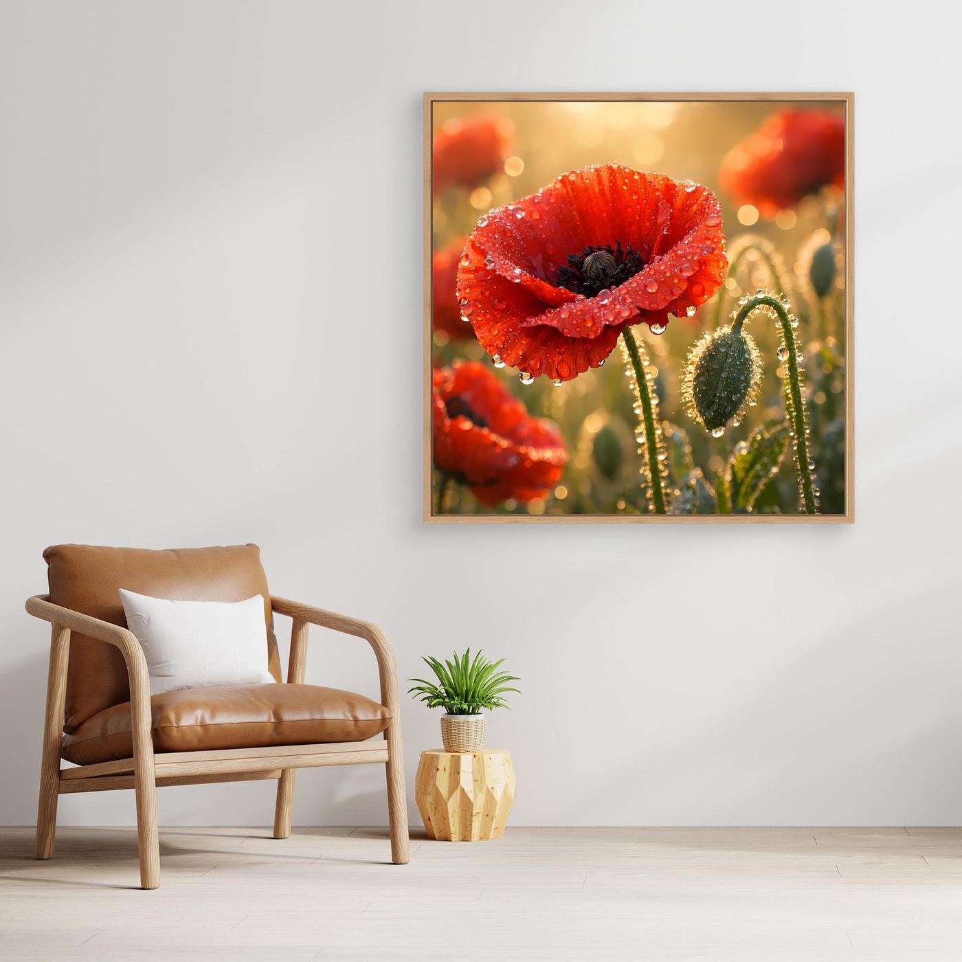 Quadratisches Leinwandbild: roter Klatschmohn mit deutlichen Tautropfen