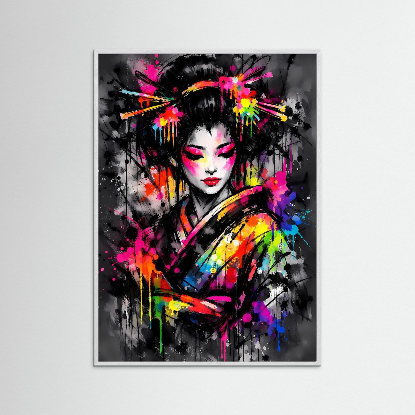 The Neon Geisha | Luxuriöses Geisha Poster Bunt & Dunkel | Abstraktes Japan Kunstposter Hochformat