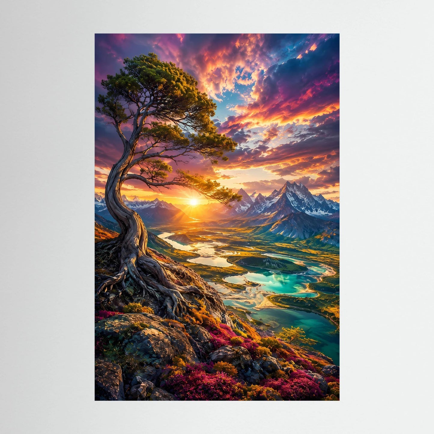 Majestätischer Baum über Bergtal | Leuchtender Sonnenuntergang & türkisfarbene Seen | Poster Hochformat