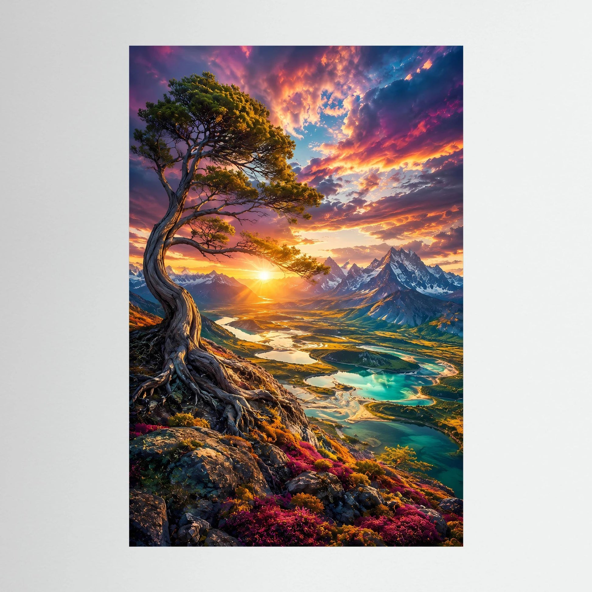 Majestätischer Baum über Bergtal | Leuchtender Sonnenuntergang & türkisfarbene Seen | Poster Hochformat