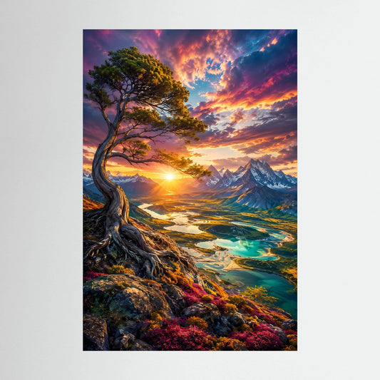 Majestätischer Baum über Bergtal | Leuchtender Sonnenuntergang & türkisfarbene Seen | Poster Hochformat