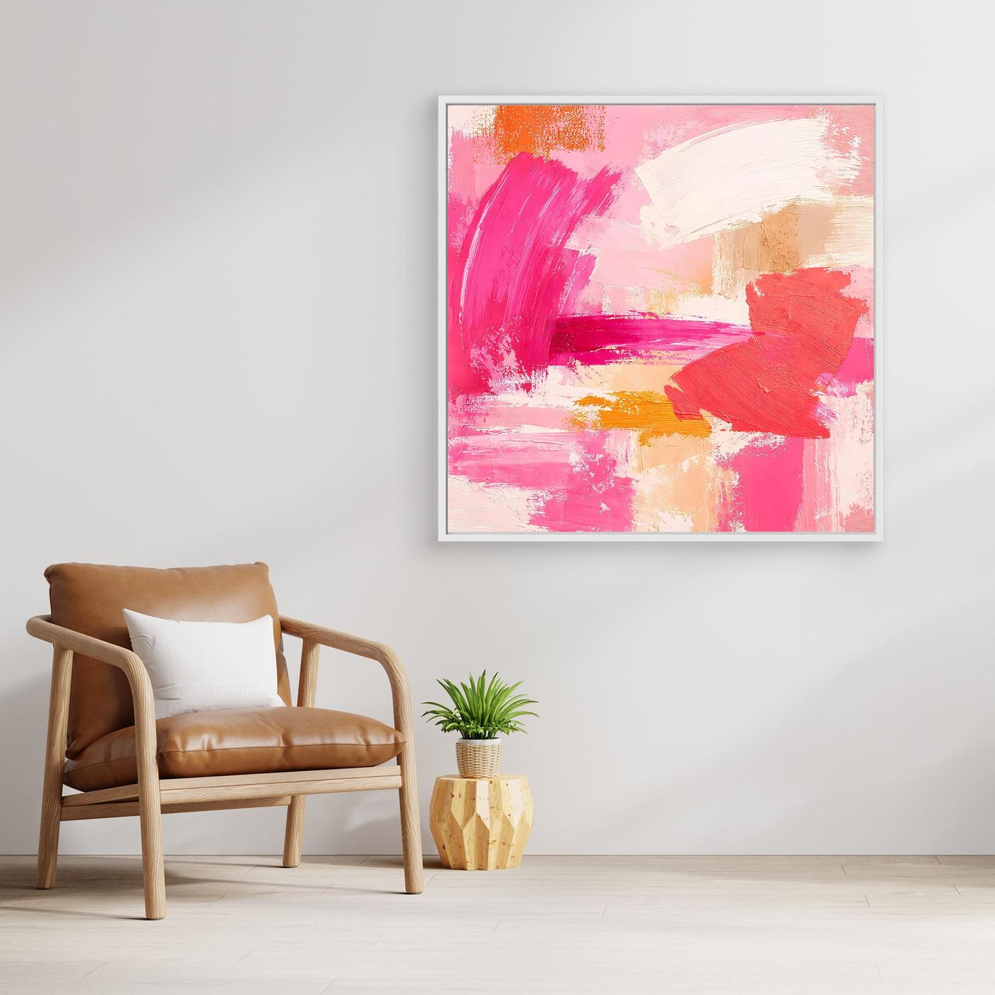 Leinwand-Abstraktbild mit rosa Farbflächen im silberfarbenen Rahmen