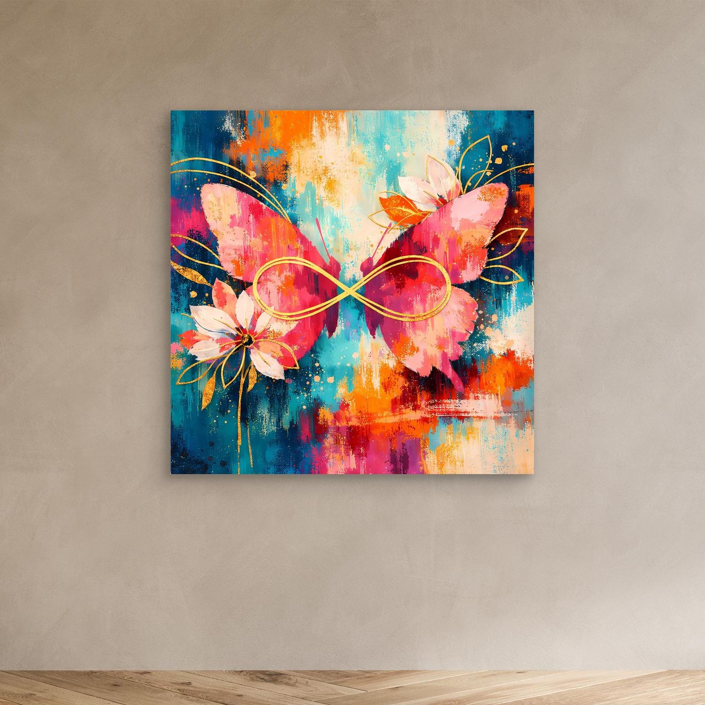 Wandbild ohne Rahmen mit abstrakten Schmetterlingen und Blüten, Unendlichkeitslinie in Rosa