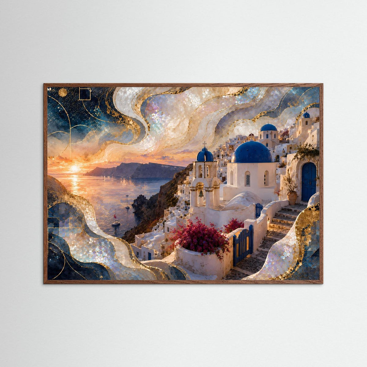 Querformat-Poster mit Santorini-Landschaft im dunklem Eichenrahmen: Küste, goldener Sonnenuntergang