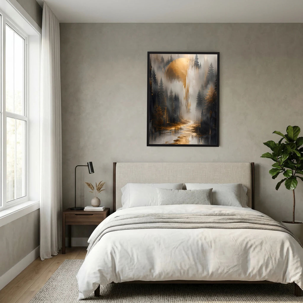 Gerahmtes Poster mit nebeligem Waldpfad und Fluss, warmes Goldlicht, Hochformat