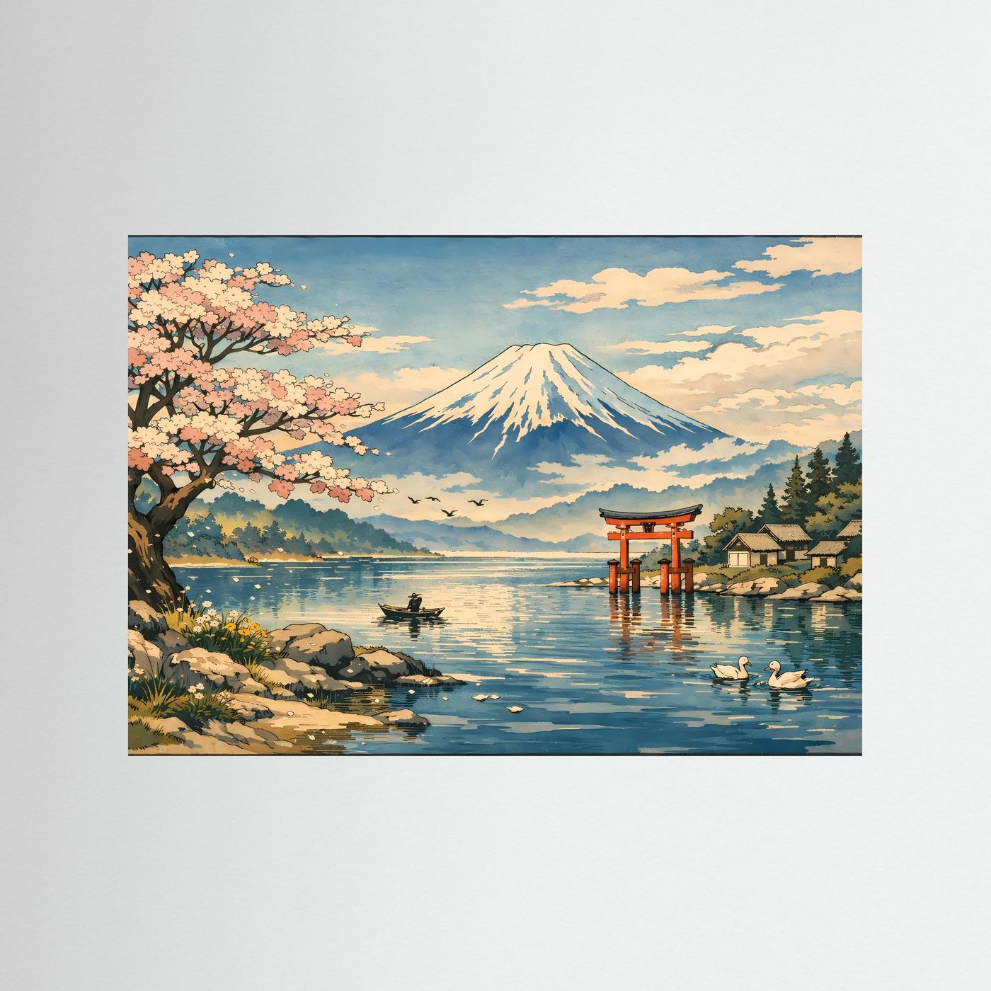 Wandbild-Poster: Mount Fuji über See mit Kirschblütenbaum und Torii, schwarze Umrandung