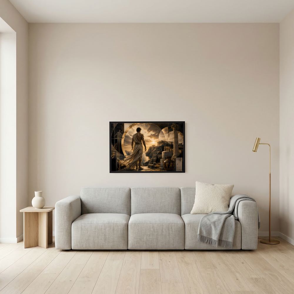 Wand-Poster im Querformat mit schwarzem Rahmen, antiker Krieger mit fließendem Gewand.