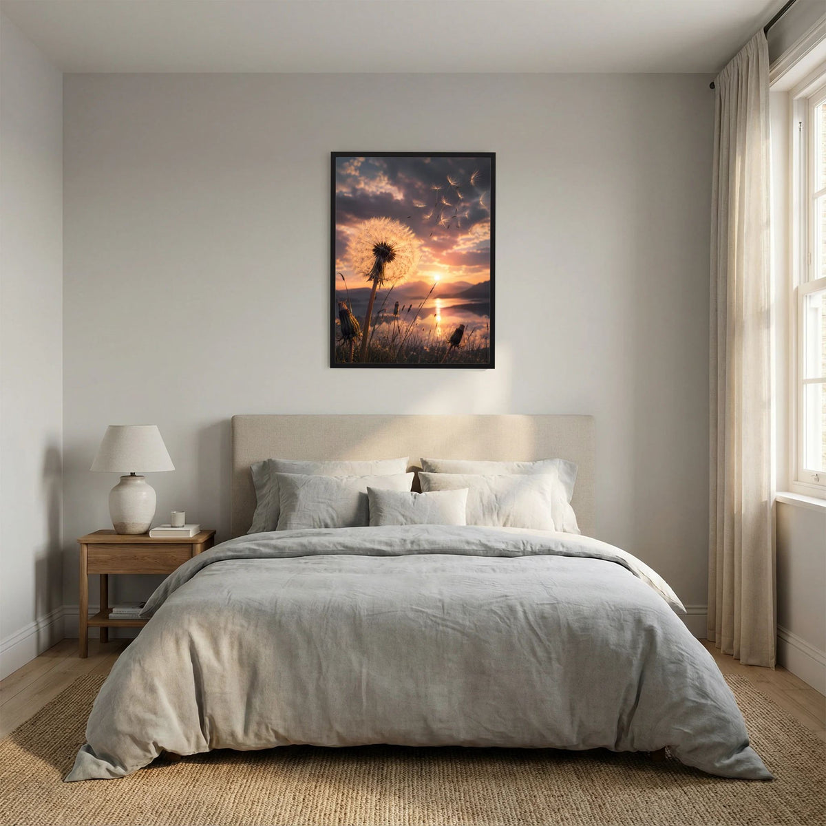 Hochformat-Poster mit Pusteblume und Sonnenuntergang, schwarzer Rahmen über dem Bett
