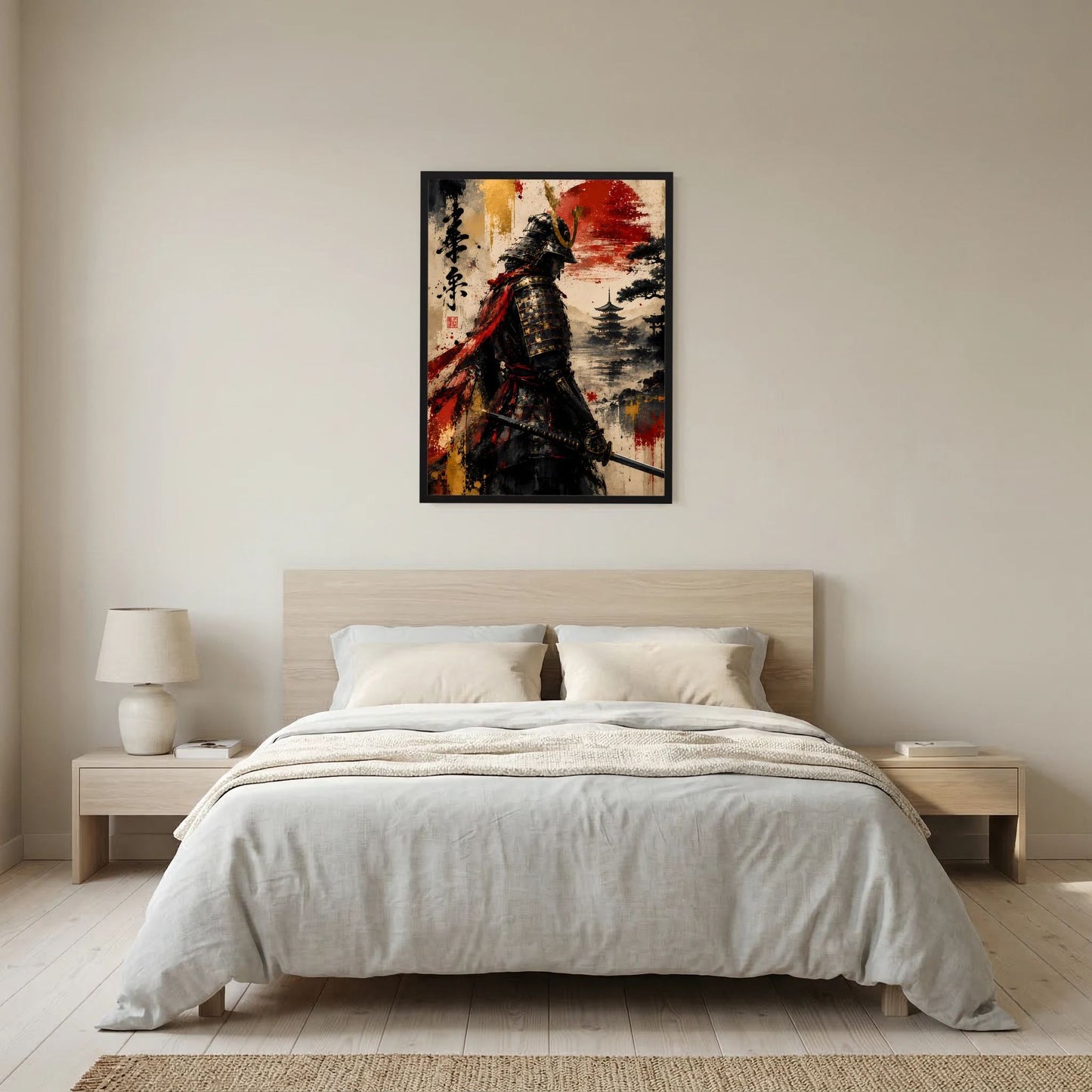 Poster mit Samurai in Schwarz, roter Sonne und orange-roter Farbfläche, im schwarzen Rahmen.