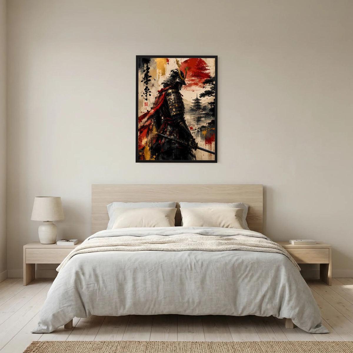 Poster mit Samurai in Schwarz, roter Sonne und orange-roter Farbfläche, im schwarzen Rahmen.