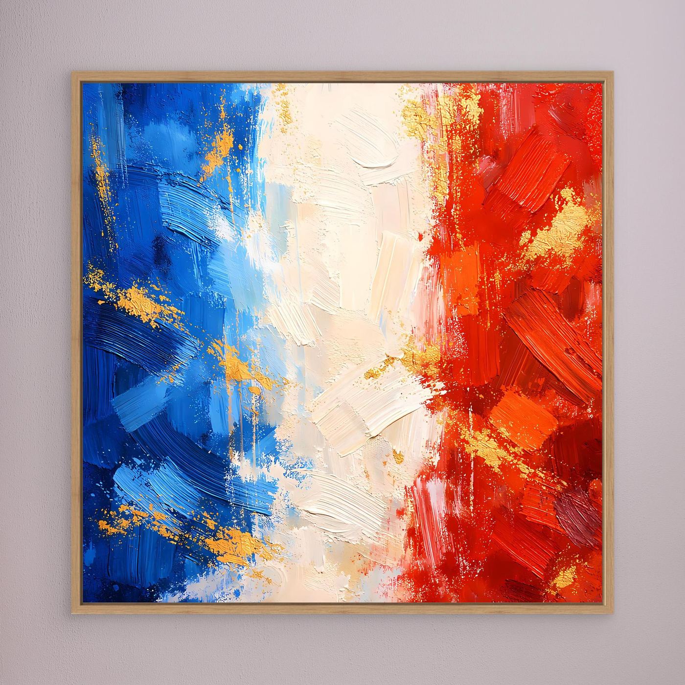 Leinwandbild mit abstrakter Frankreich-Flagge in Blau, Weiß und Rot, goldbraun gerahmt