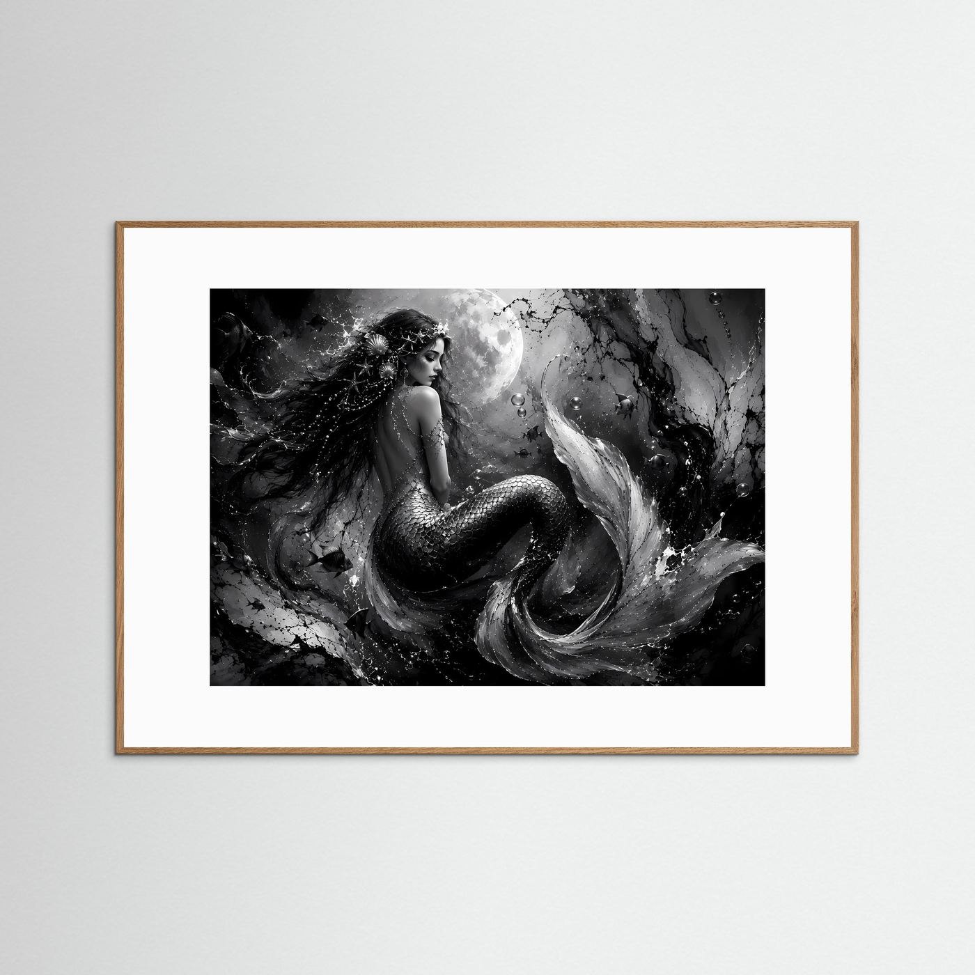 Mystische Meerjungfrau in Schwarz-Weiß | Elegantes Fantasy Poster Querformat