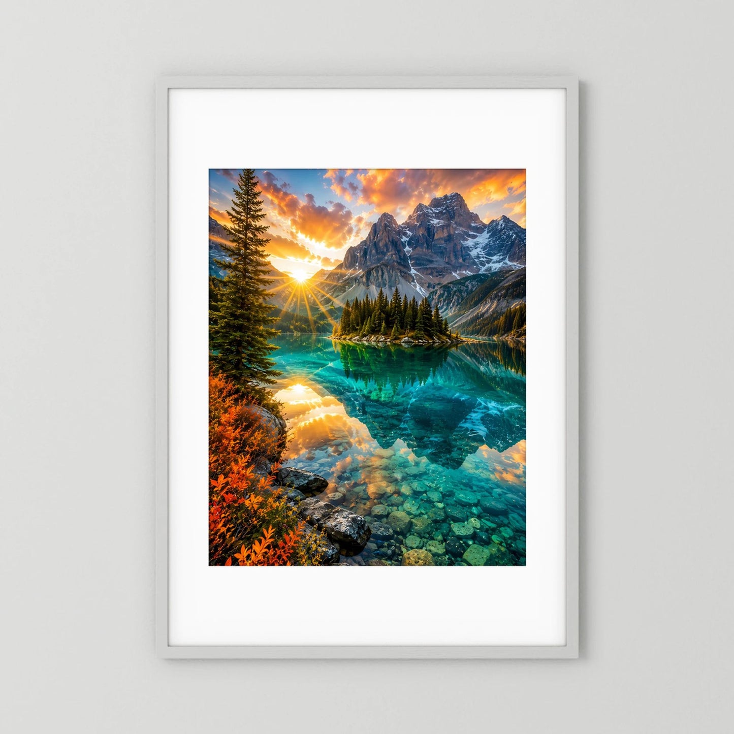Türkiser Bergsee bei Sonnenuntergang | Majestätische Berglandschaft mit Spiegelung | Poster Hochformat