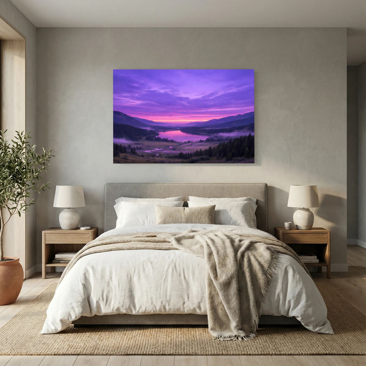 Wandposter im Querformat mit lila Sonnenuntergang über Flusstal und Hügeln