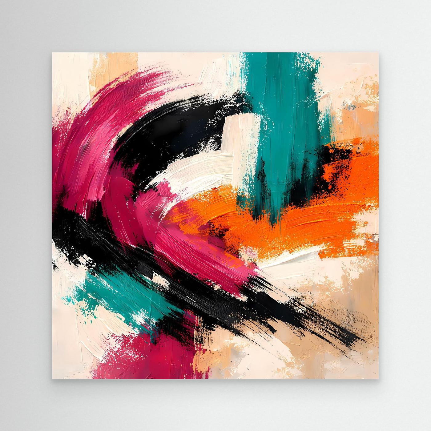 Abstraktes Leinwandbild mit breiten Pinselstrichen in Pink, Grün, Schwarz und Orange