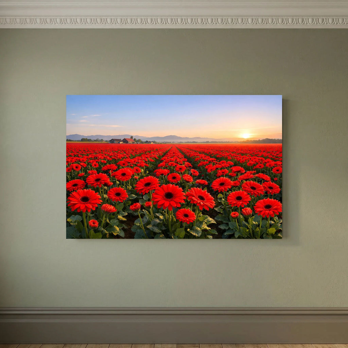 Wandbild quer mit rotem Blütenfeld und Sonnenaufgangsstimmung, ohne Rahmen