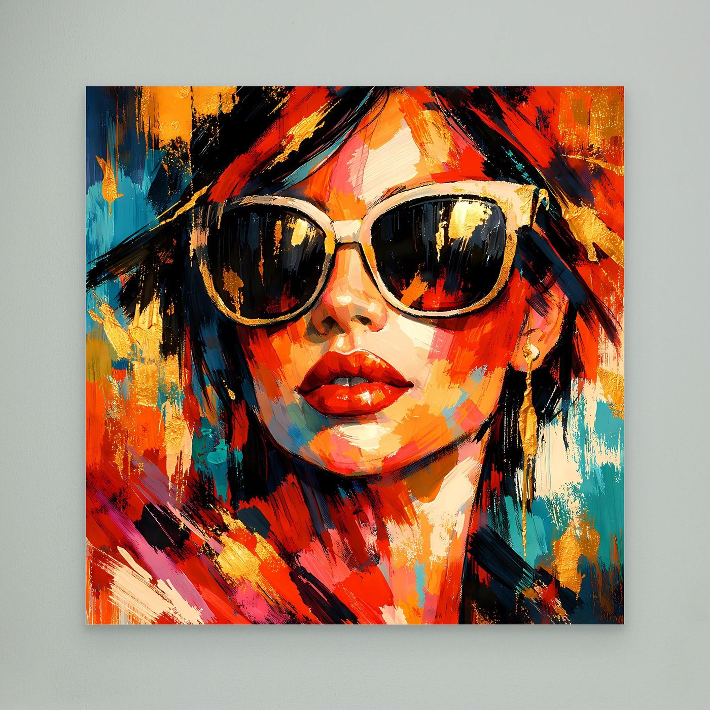 Nahaufnahme: Leinwandbild mit Pop-Art-Frau mit Sonnenbrille, buntes Farbspritzdesign