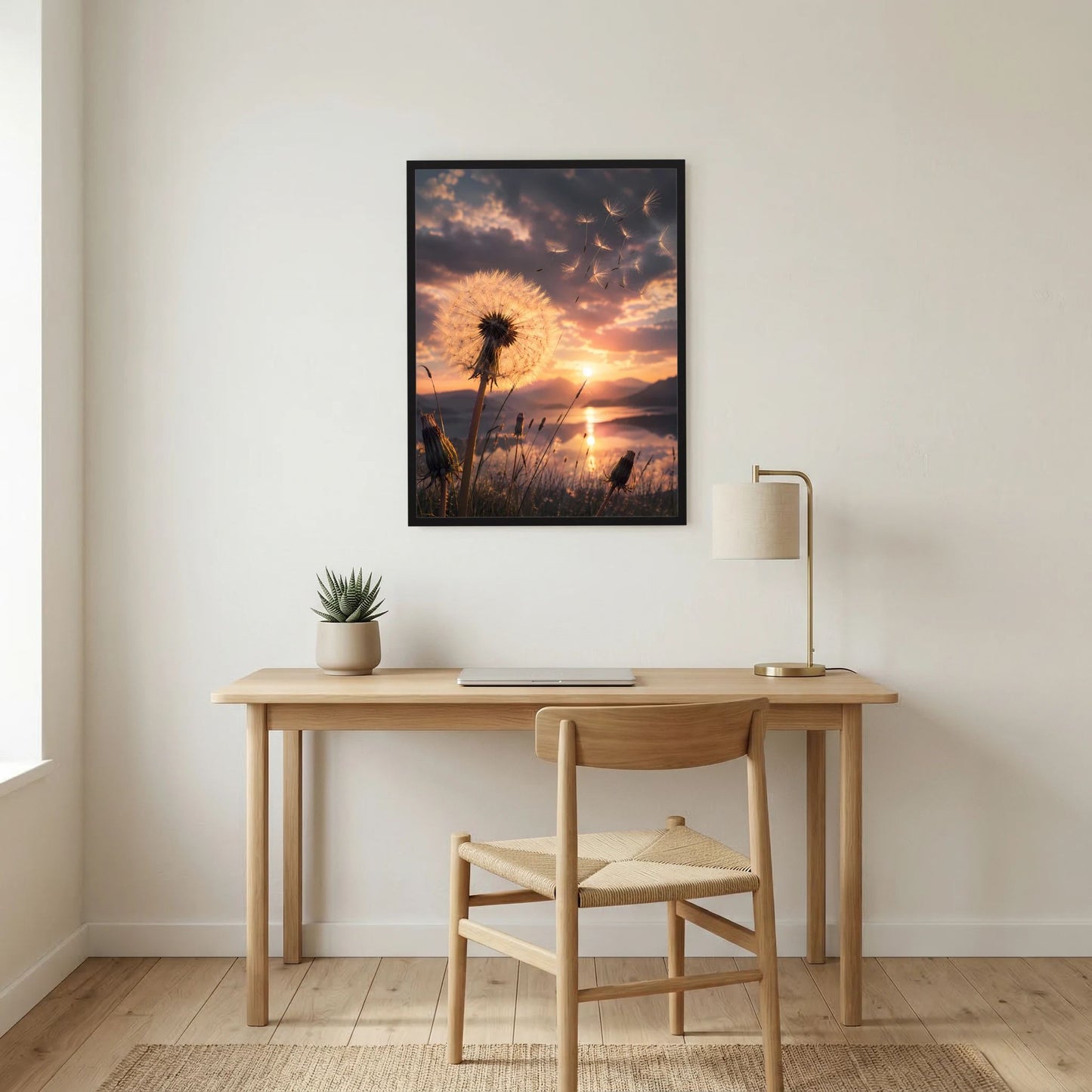 Hochformat-Poster mit Pusteblume bei Sonnenuntergang, schwarzer Rahmen über dem Schreibtisch