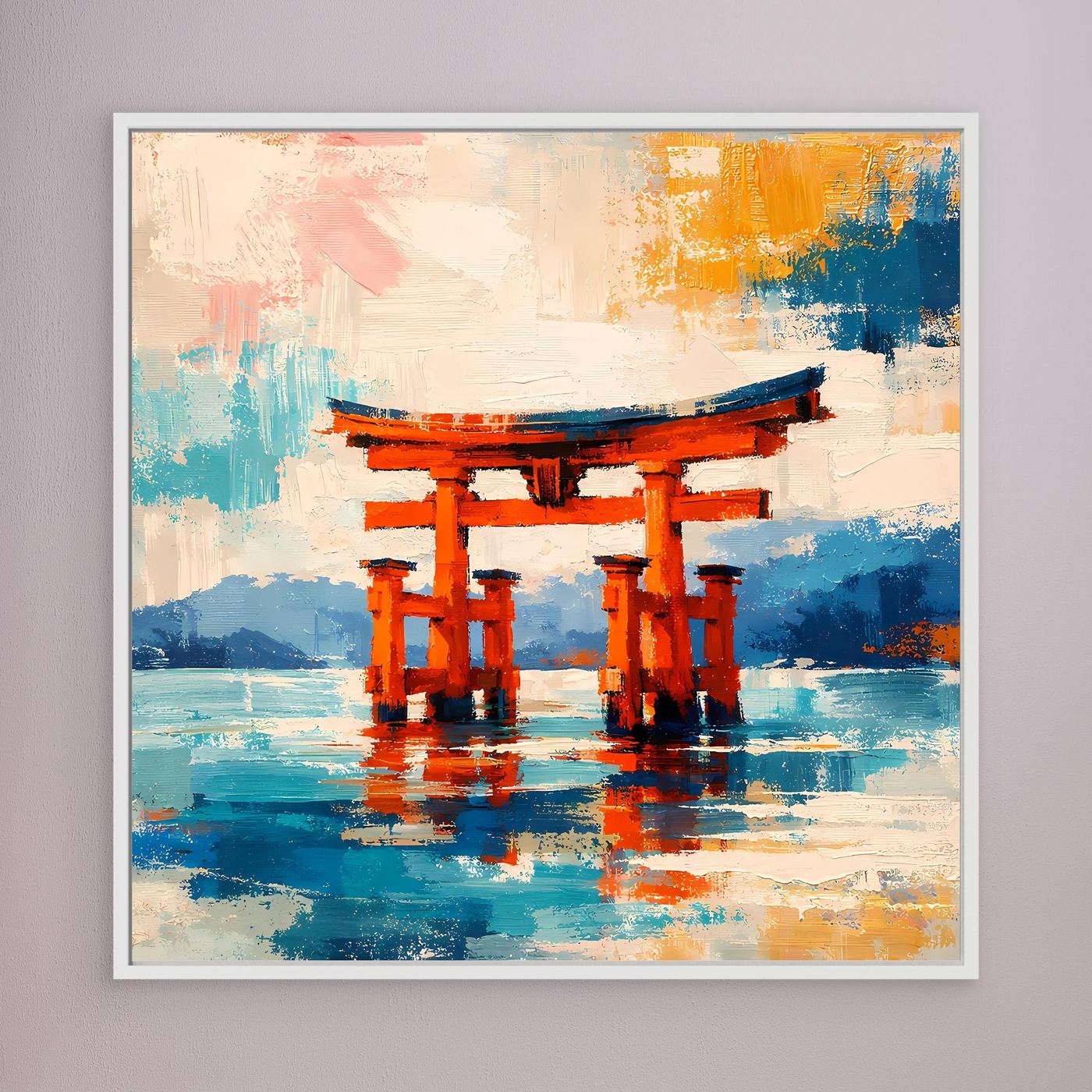 Leinwandbild Japanisches Torii-Tor im Meer | Abstraktes Kultur Wandbild auf echtem Holzkeilrahmen