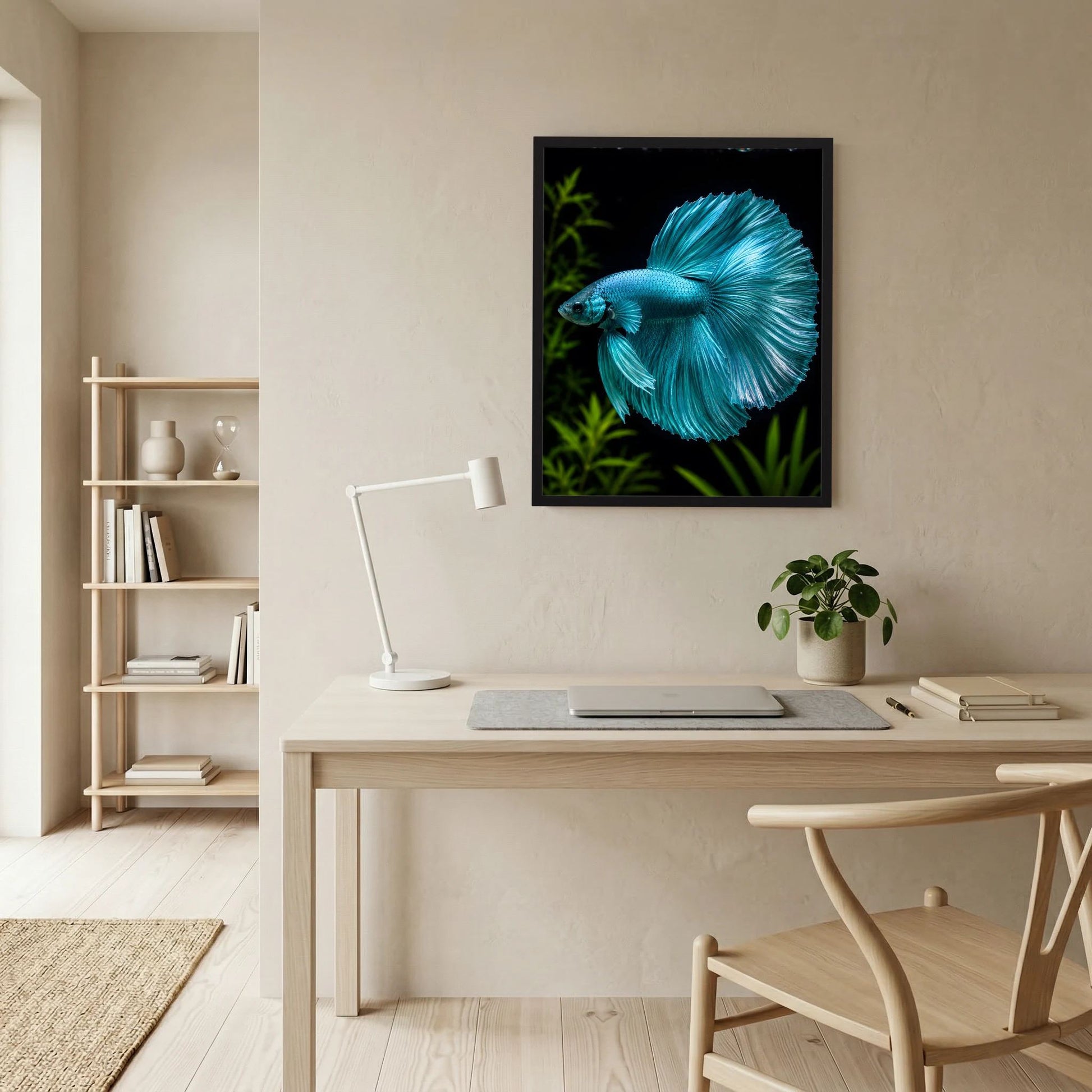 Kunstposter mit türkisem Kampffisch, nahe Ansicht des Fisches, Flossen fächerförmig