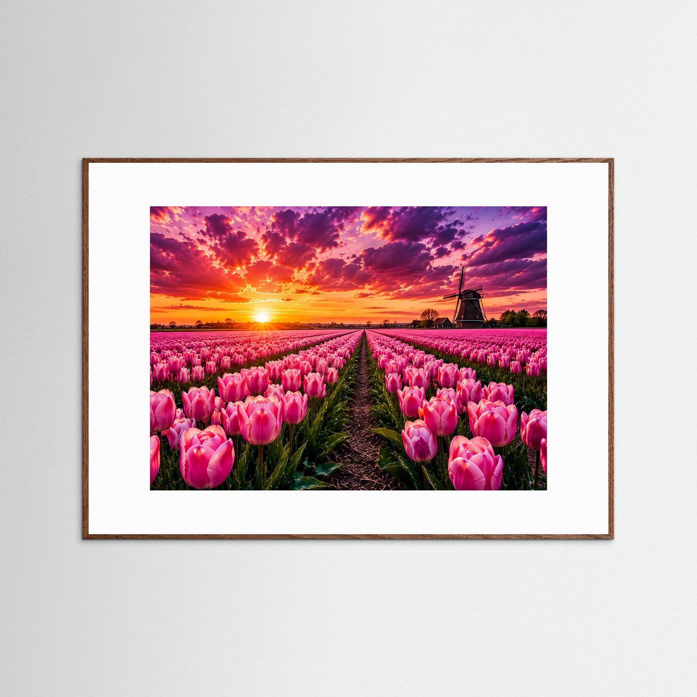 Rosa Tulpenfeld bei Sonnenuntergang | Holland Windmühle Landschaft