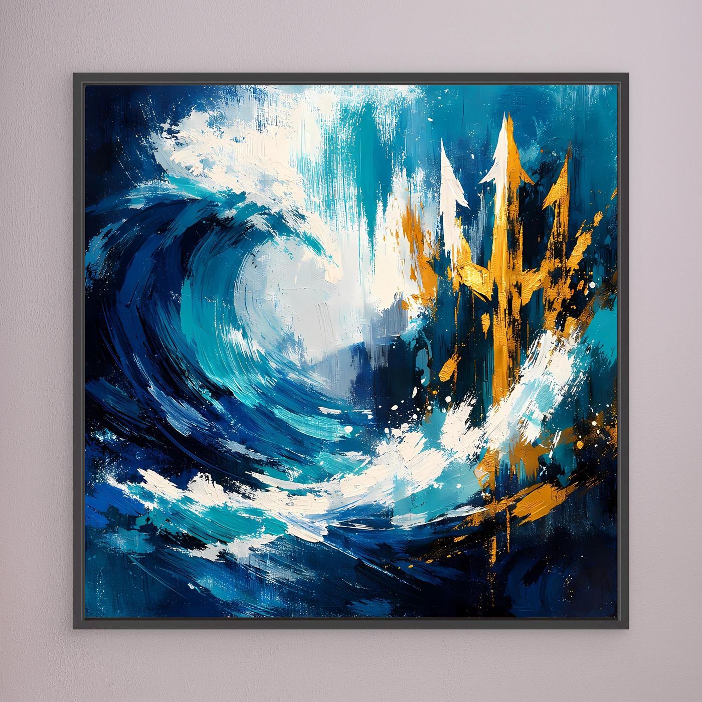 Black-framed ocean wave canvas art with gold skyline and blue abstract brush strokes