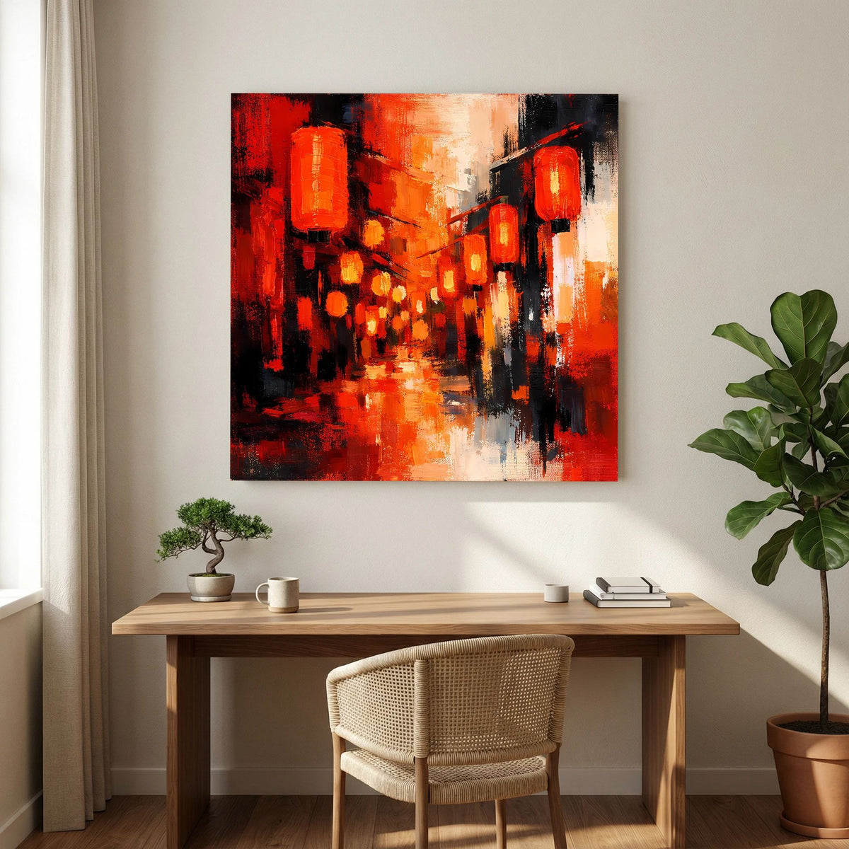 Leinwandbild mit roten Laternen, orange Lichtpunkte und dunklen Konturen