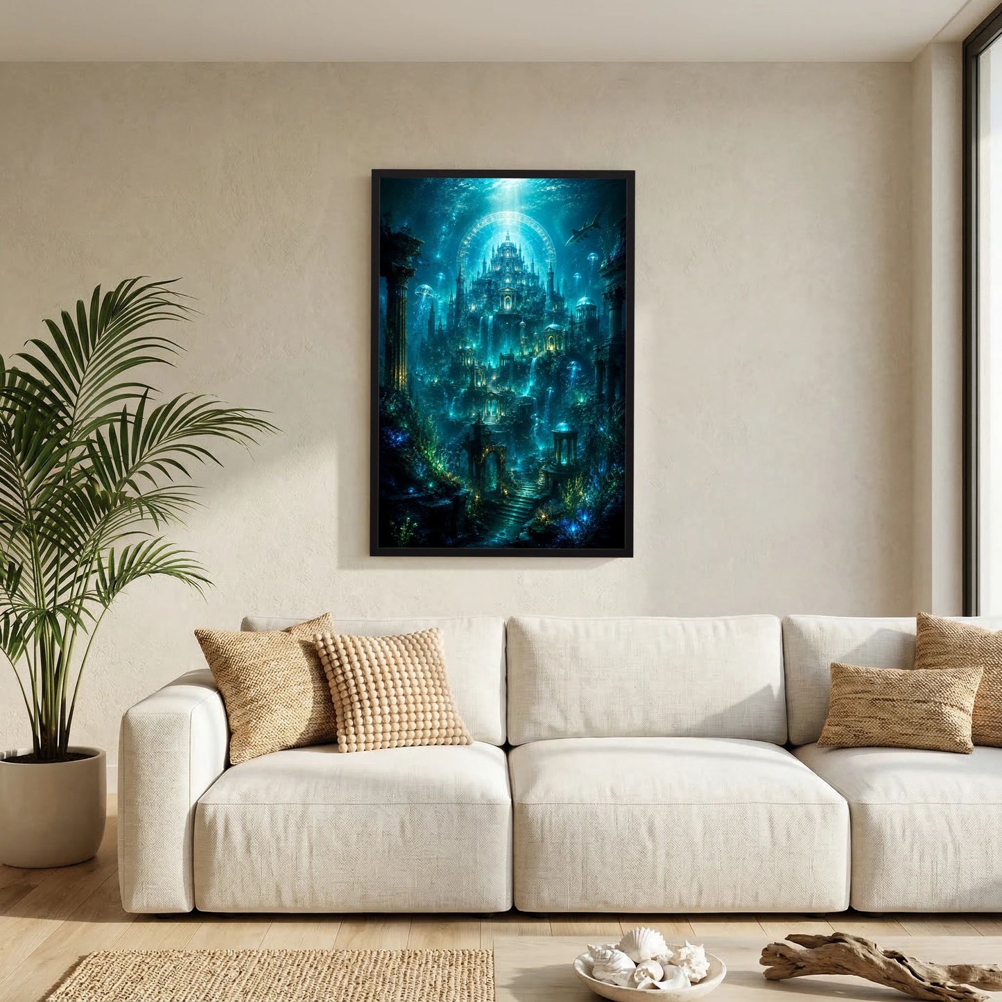 Poster mit schwarzem Rahmen: Unterwasserstadt mit Tempelarchitektur, Quallen und Fischen