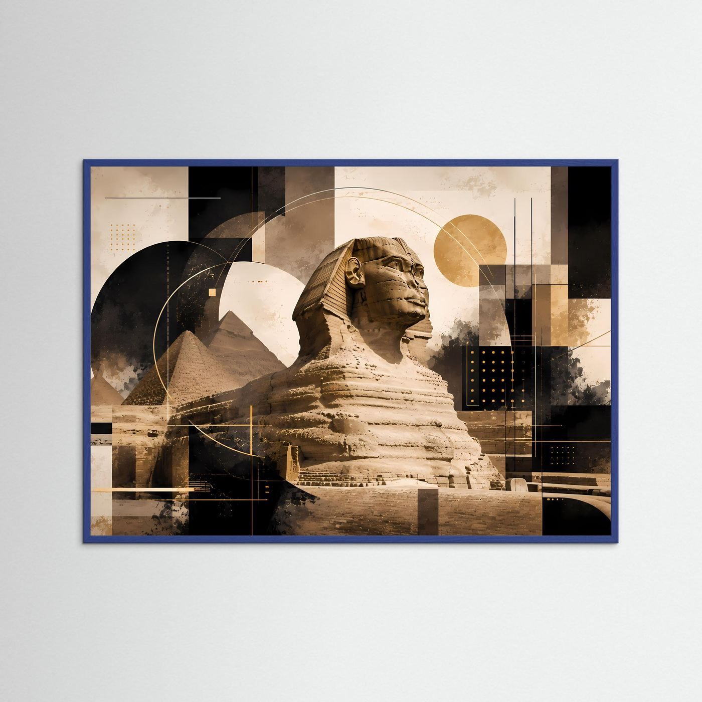 Querformat-Poster mit Sphinx und Pyramiden im blauen Holzrahmen, beige